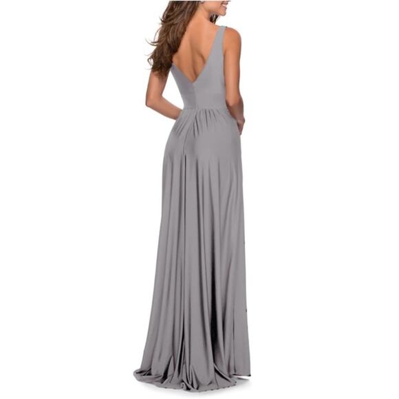 La Femme 28547 Plunge V-Neck A-Line Gown Maxi Dress Satin Jersey Silver 16 NEW - Picture 5 of 7
